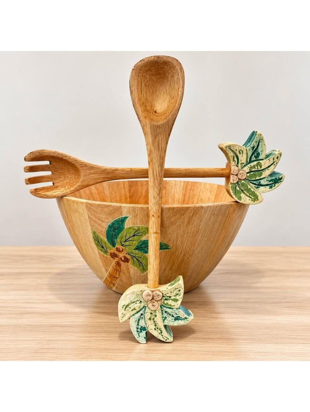 Vintage Clay Art Handmade Wooden Salad Bowl & Servers Palm Tree Thailand